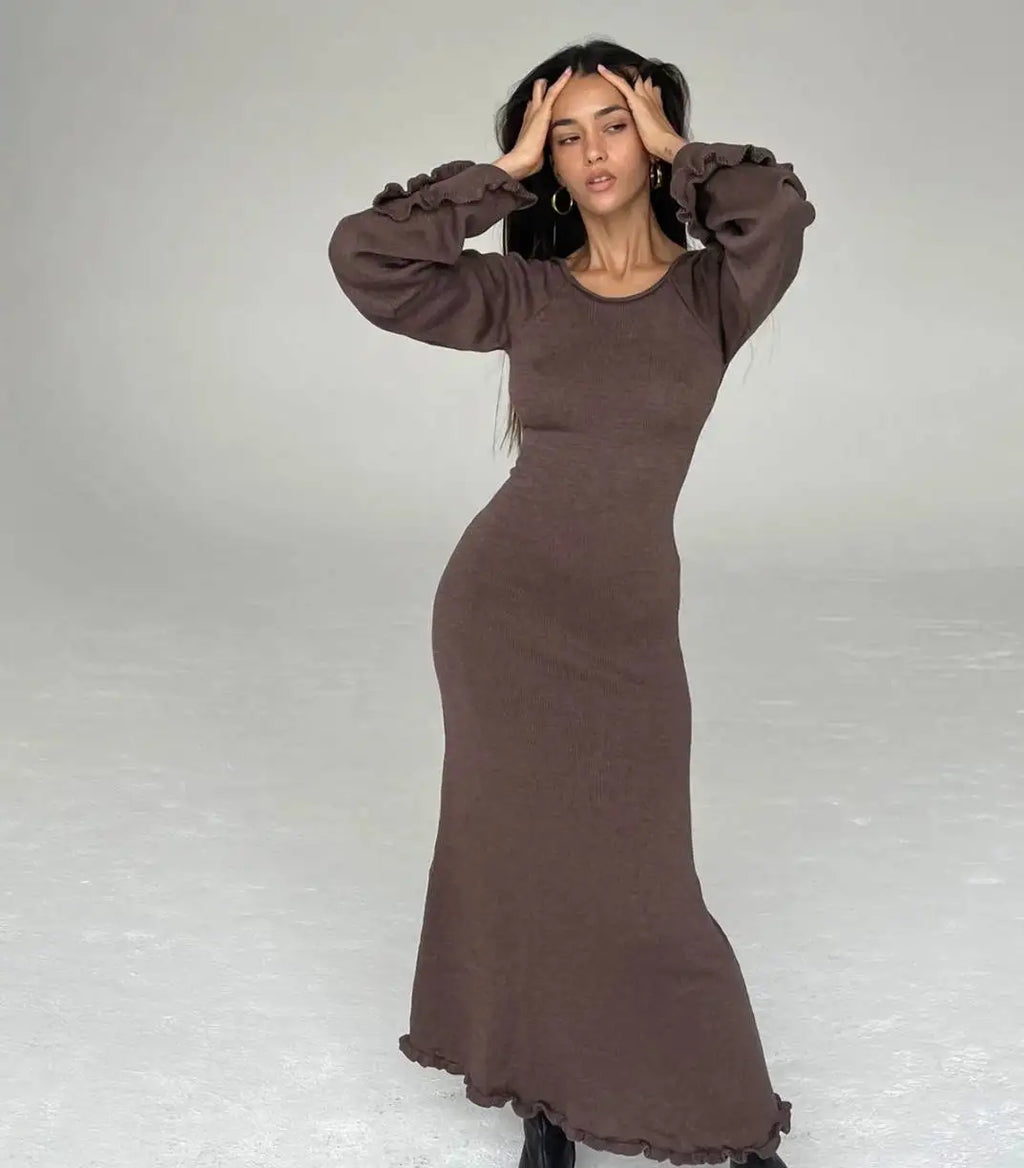 Cryptographic Elegant Knitted Sweater Maxi Dress Outfits for Women Flare Sleeve Sexy Backless Dresses Edible Tree Fungus Clothes