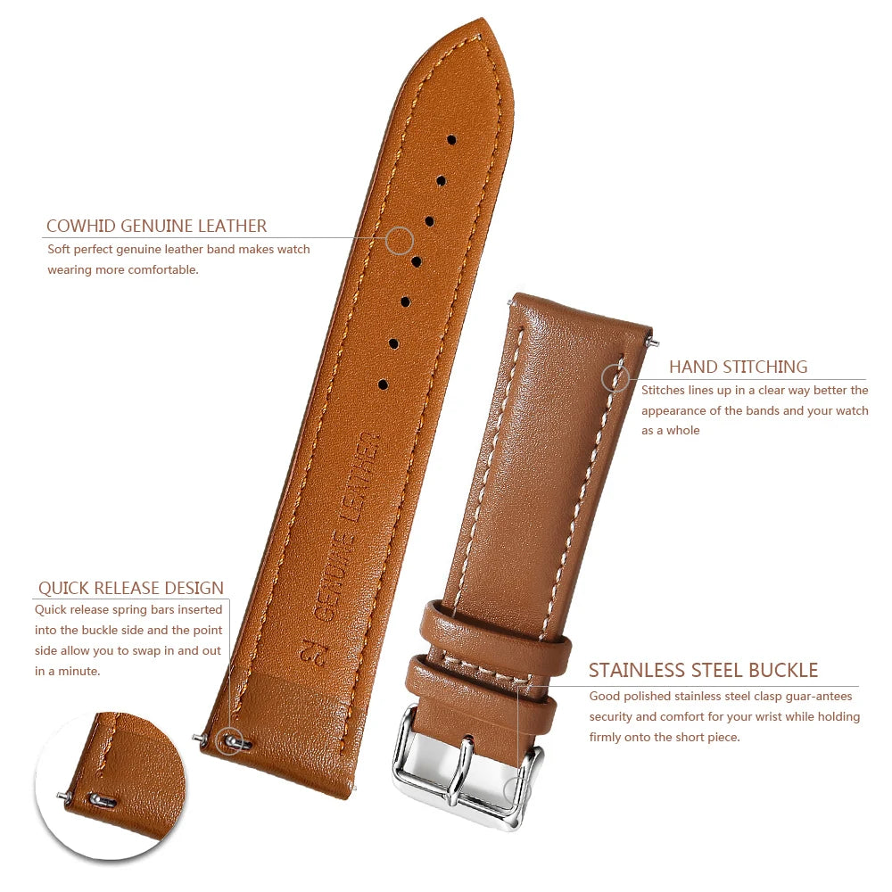 Top Grain Genuine Leather Watch Band, Quick Release 12/14/16/18/19/20/21/22/24 mm Watch Straps, Replacement Bands for Men Women