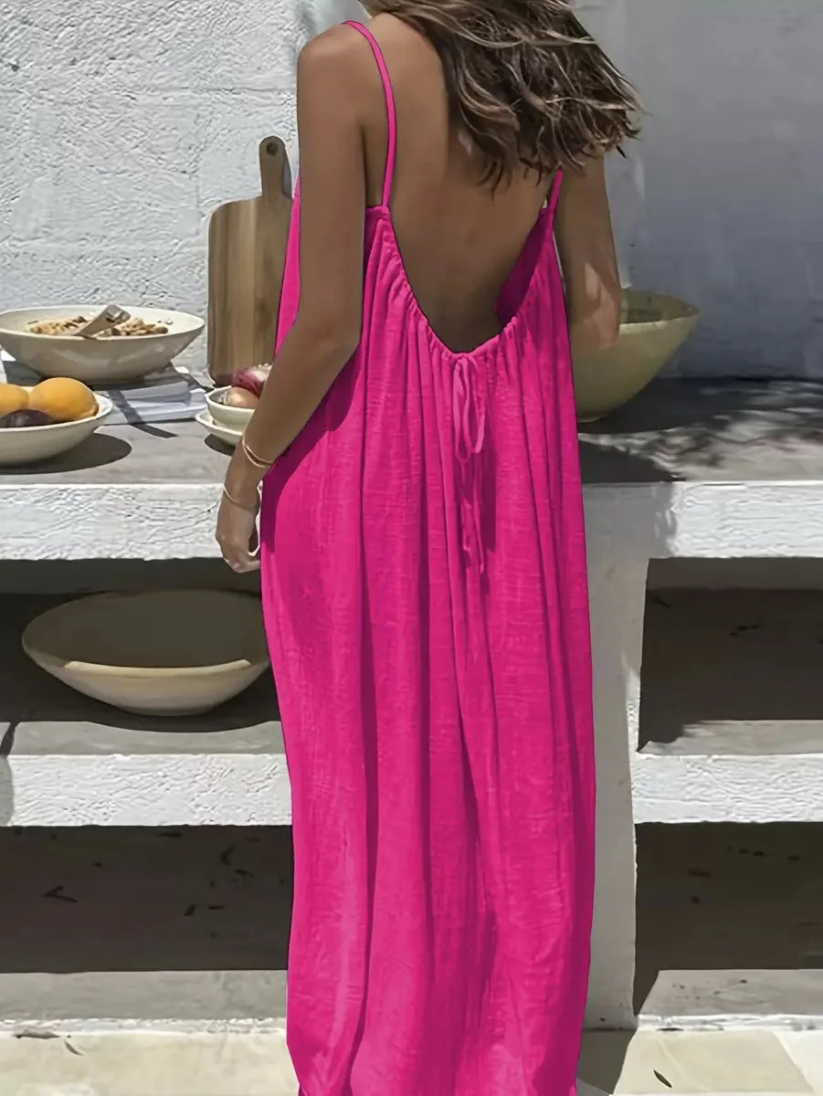 Casual Solid Loose Dress For Women Sexy Sleeveless Spaghetti Strap Backless Lace-up Robe Femme Holiday Beach Party Clothes New