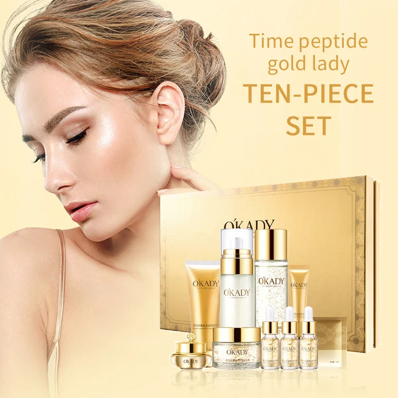 Oupe Time Peptide Gold Noblewoman Ten-Piece Set Hydrating and Moisturizing Skincare Kit Nourishing and Repairing Cosmetics Brightens Skin Tone Nourishes Skin Unisex Suitable for Sensitive Skin Deep Hydration Gift Box Essentia