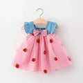 Girls' New Summer Children's Wear Strawberry Embroidered Mesh Spliced Denim Flying Sleeves Tank Top Skirt Foreign Trade Dress