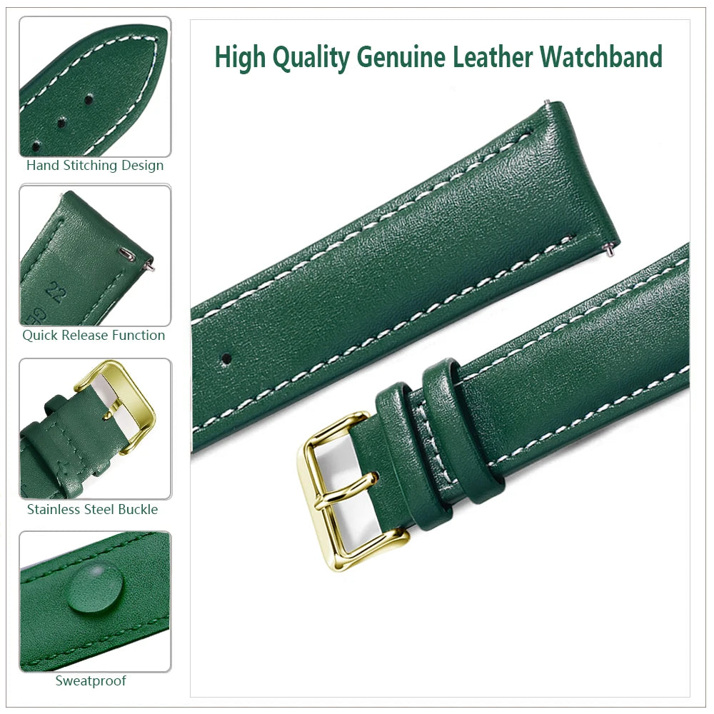 Top Grain Genuine Leather Watch Band, Quick Release 12/14/16/18/19/20/21/22/24 mm Watch Straps, Replacement Bands for Men Women
