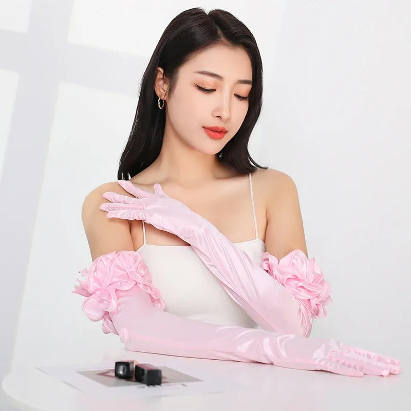 55CM Opera Stage Pink Satin Elastic Wedding Dress Etiquette Gloves Retro Banquet Dance Performance Flower Lace Women Long Gloves