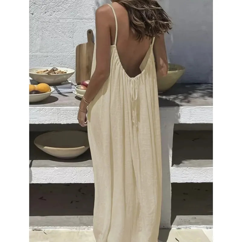 Casual Solid Loose Dress For Women Sexy Sleeveless Spaghetti Strap Backless Lace-up Robe Femme Holiday Beach Party Clothes New