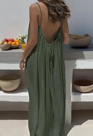 Casual Solid Loose Dress For Women Sexy Sleeveless Spaghetti Strap Backless Lace-up Robe Femme Holiday Beach Party Clothes New