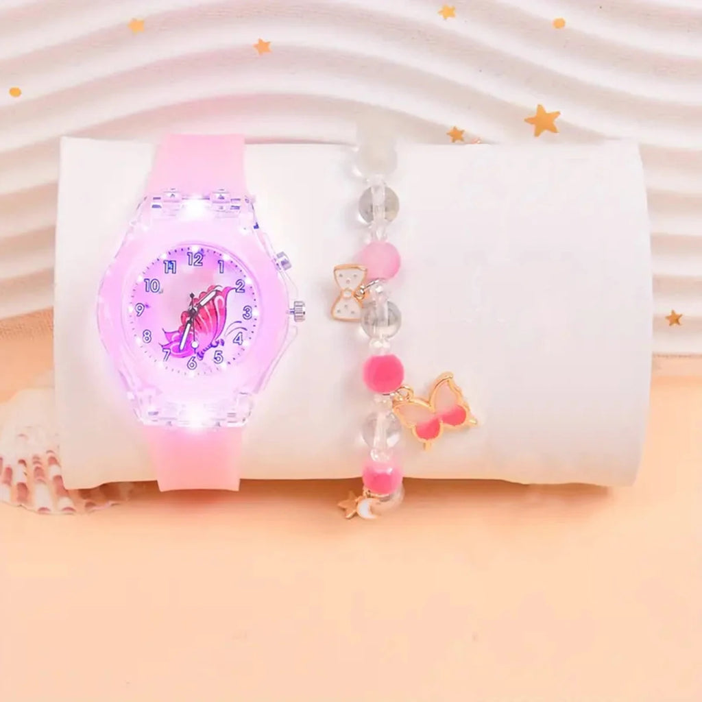 Fashion Butterfly Silicone Luminous Watch + Butterfly Beaded Bracelet