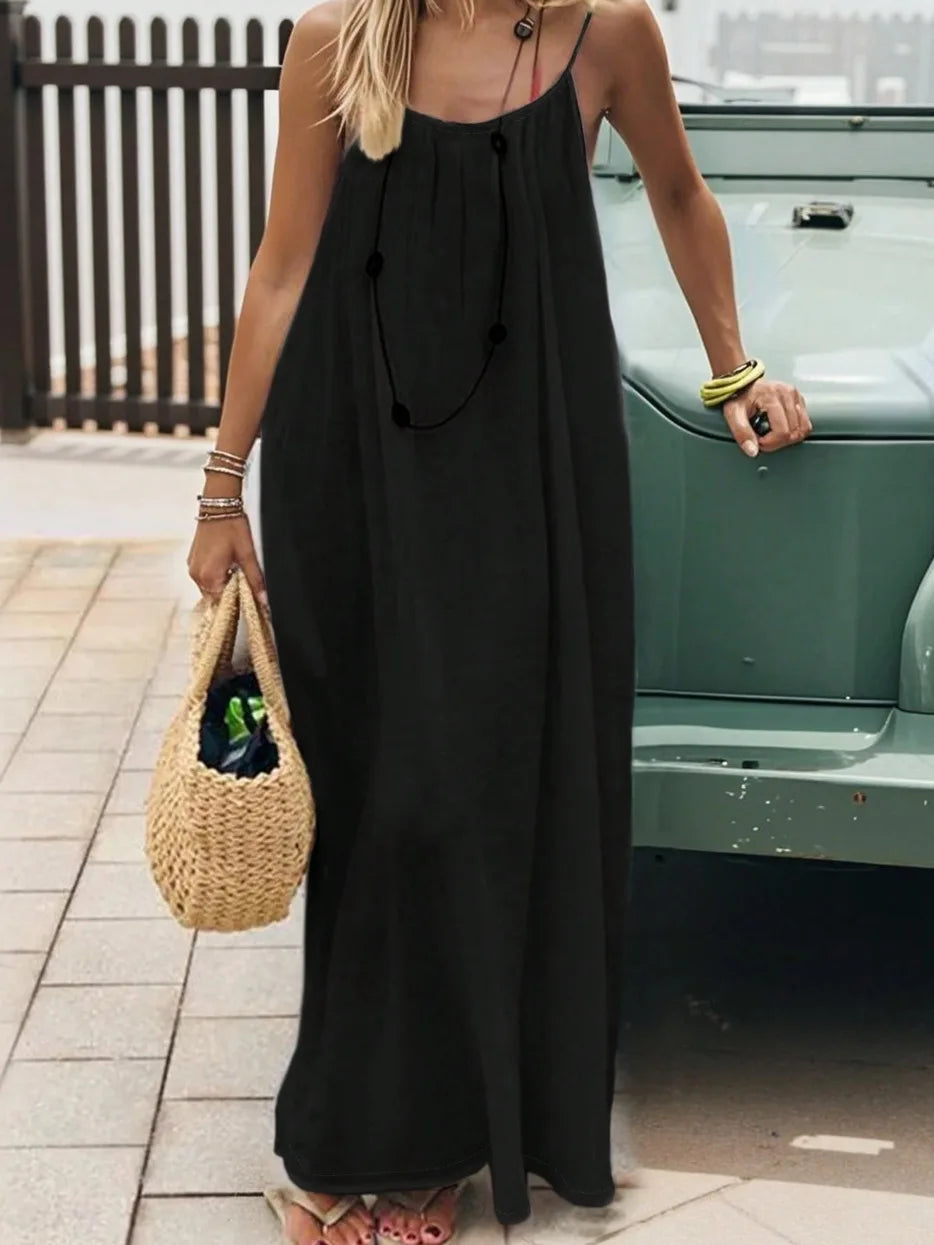 Casual Solid Loose Dress For Women Sexy Sleeveless Spaghetti Strap Backless Lace-up Robe Femme Holiday Beach Party Clothes New