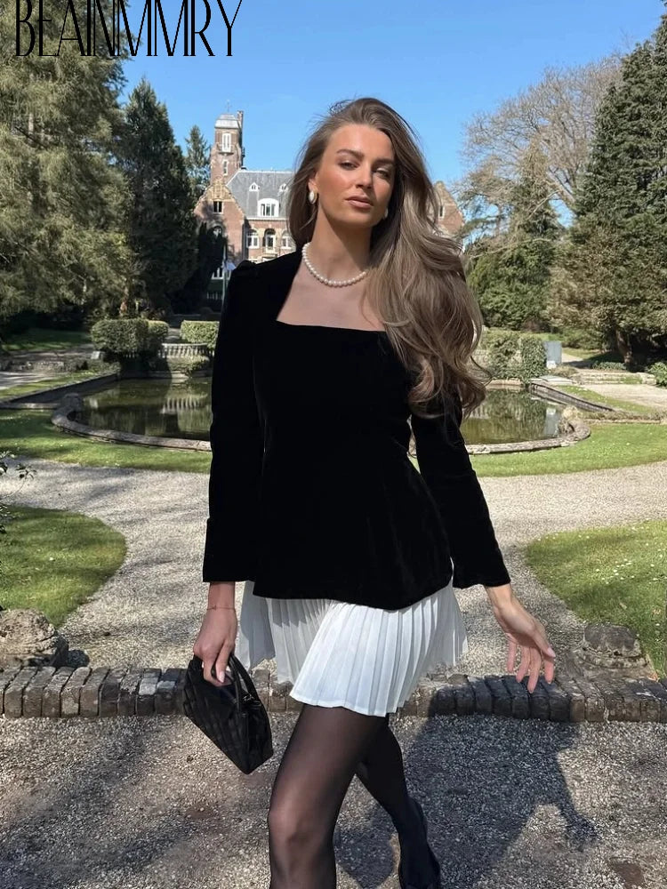 Women Velvet High Waist Spliced Mini Dresses 2025 Elegant Square Neck Long Sleeve Gowns Autumn Winter Chic Lady New Party Dress