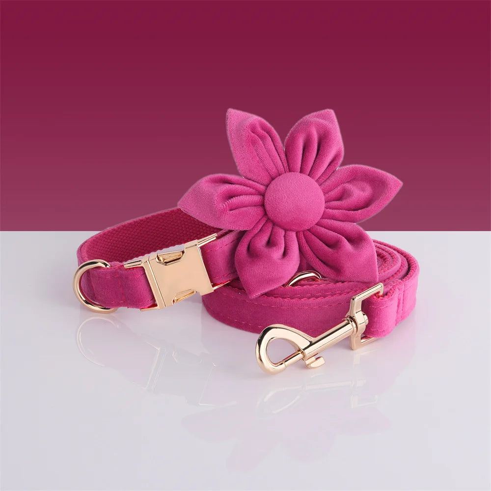 Fuchsia Velvet Personalized Dog Collar for Small Dogs Light Weight Cute Dog Harness with Bow Flower Custom Puppy Traction Set