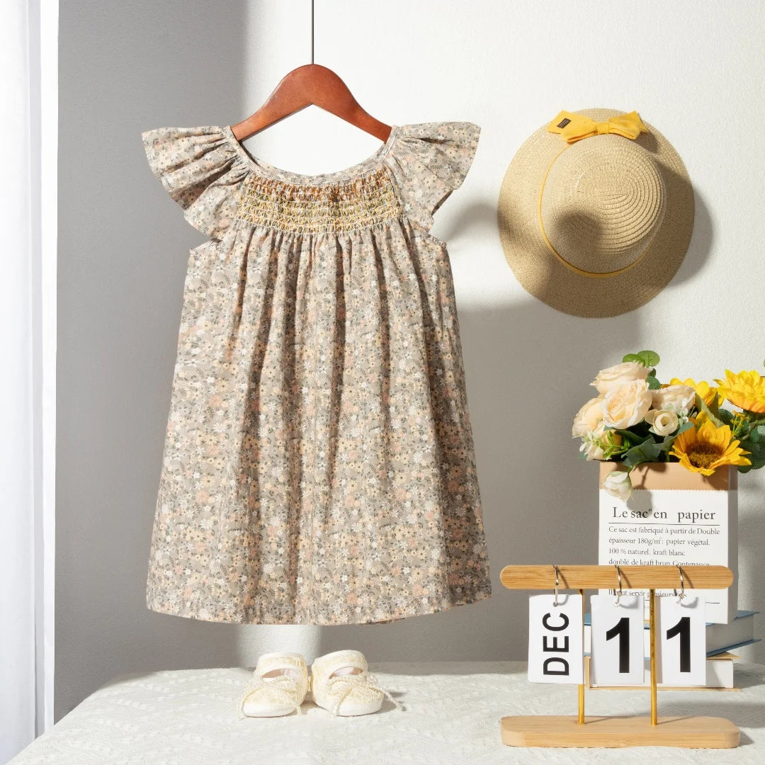 Floral Summer Dress for 1 2 3 4 5 6 Years Girls Smocking Design with Flying Sleeve Baby Toddler Daily Cute Clothes