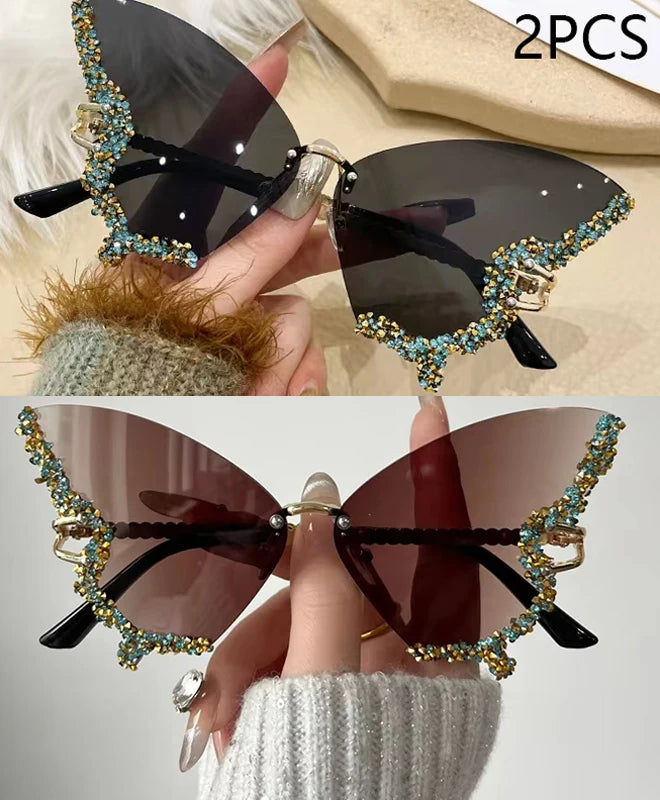 Luxury Diamond Butterfly Sunglasses Women Brand Y2K Vintage Rimless Oversized Sun Glasses Ladies Eyewear