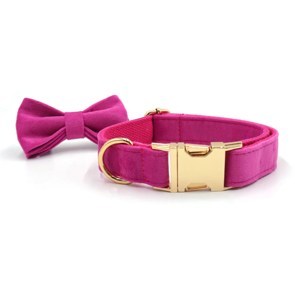 Fuchsia Velvet Personalized Dog Collar for Small Dogs Light Weight Cute Dog Harness with Bow Flower Custom Puppy Traction Set