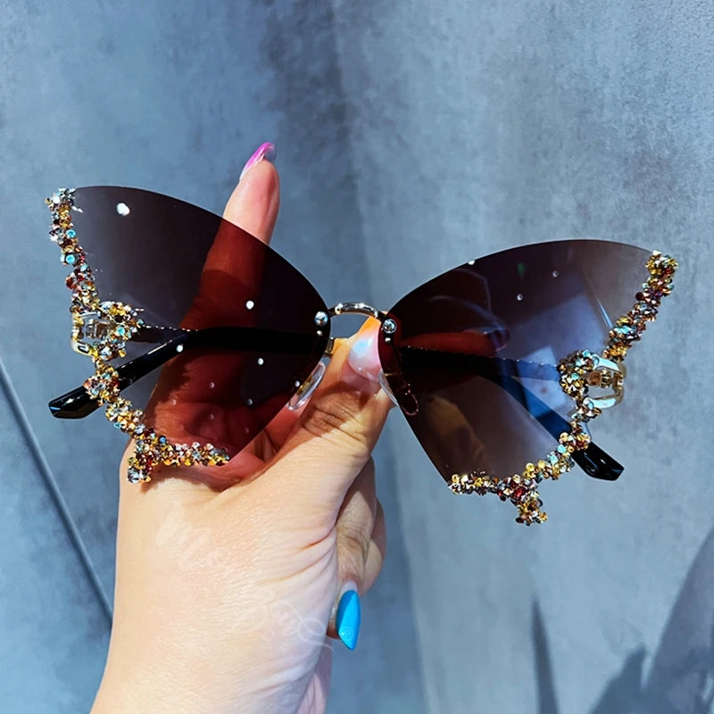 Luxury Diamond Butterfly Sunglasses Women Brand Y2K Vintage Rimless Oversized Sun Glasses Ladies Eyewear