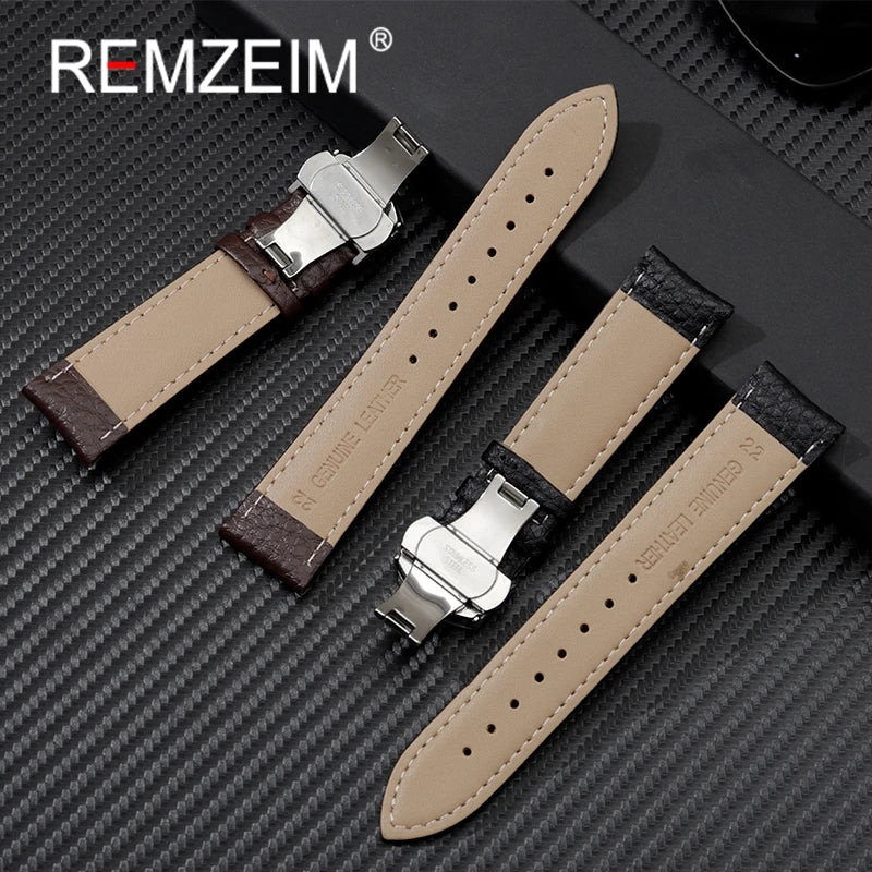 Litchi Grain Strap 18/20/22mm Watch Accessories Genuine Soft Leather Wristwatch Band With Butterfly Buckle