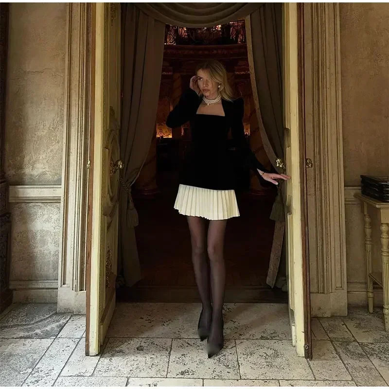 Women Velvet High Waist Spliced Mini Dresses 2025 Elegant Square Neck Long Sleeve Gowns Autumn Winter Chic Lady New Party Dress