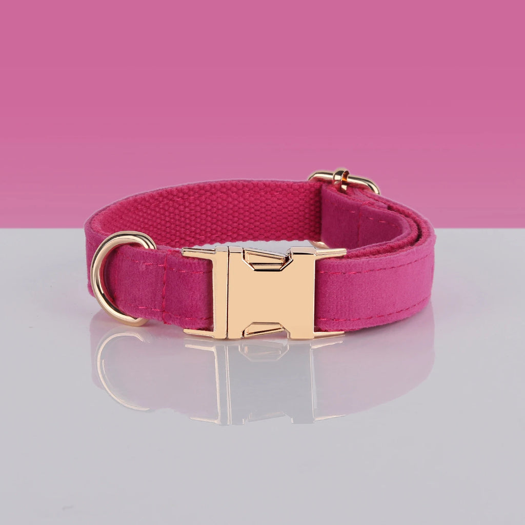 Fuchsia Velvet Personalized Dog Collar for Small Dogs Light Weight Cute Dog Harness with Bow Flower Custom Puppy Traction Set