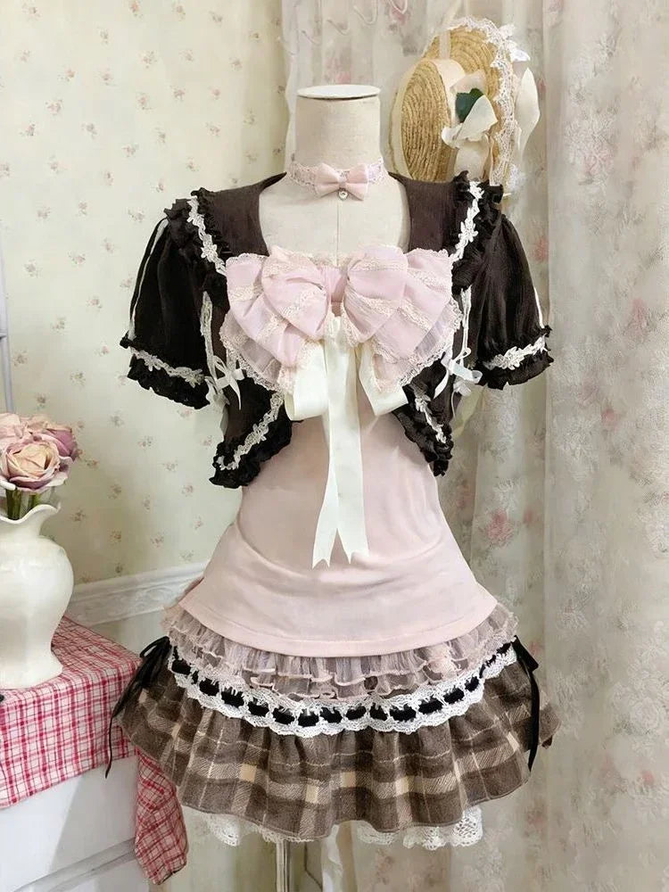 Sweet Lolita Vintage Suits Women Ruffles Cardigan + Sexy Y2k Corset Vest + Mini Skirts Autumn Korean Elegant 3 Piece Dress Sets