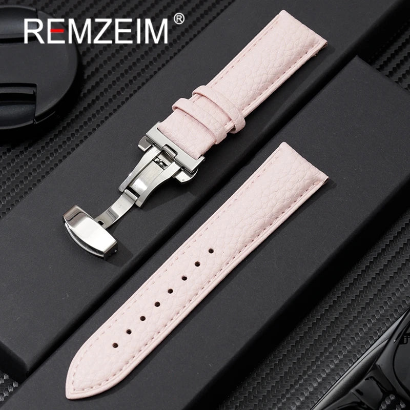 Litchi Grain Strap 18/20/22mm Watch Accessories Genuine Soft Leather Wristwatch Band With Butterfly Buckle