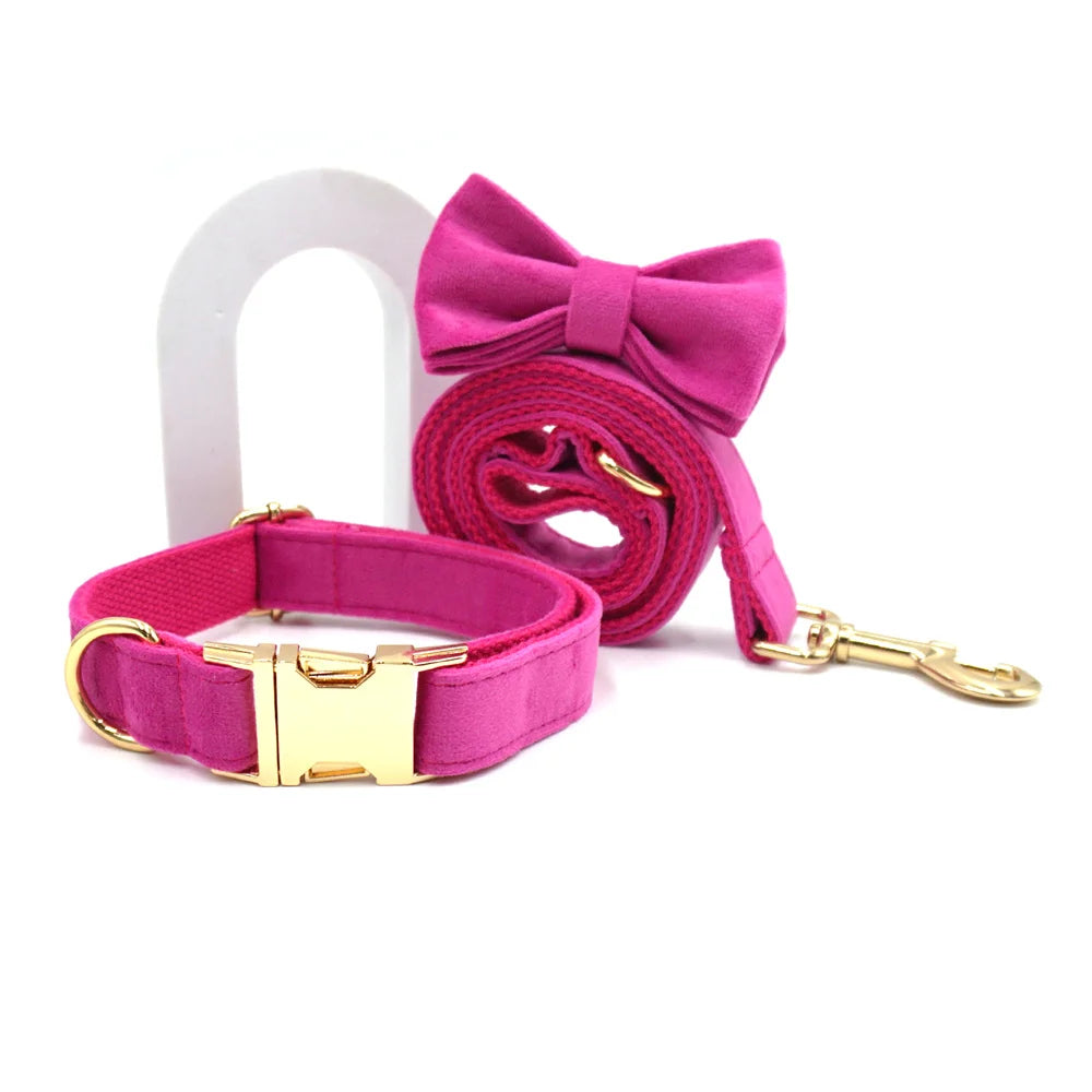 Fuchsia Velvet Personalized Dog Collar for Small Dogs Light Weight Cute Dog Harness with Bow Flower Custom Puppy Traction Set
