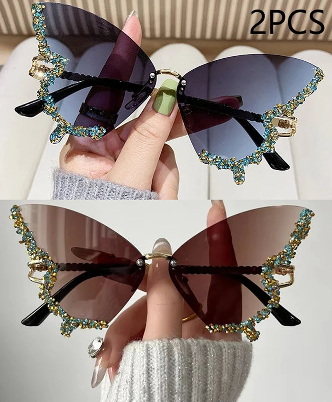 Luxury Diamond Butterfly Sunglasses Women Brand Y2K Vintage Rimless Oversized Sun Glasses Ladies Eyewear