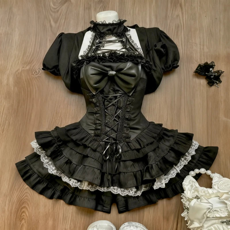 Sweet Lolita Vintage Suits Women Ruffles Cardigan + Sexy Y2k Corset Vest + Mini Skirts Autumn Korean Elegant 3 Piece Dress Sets