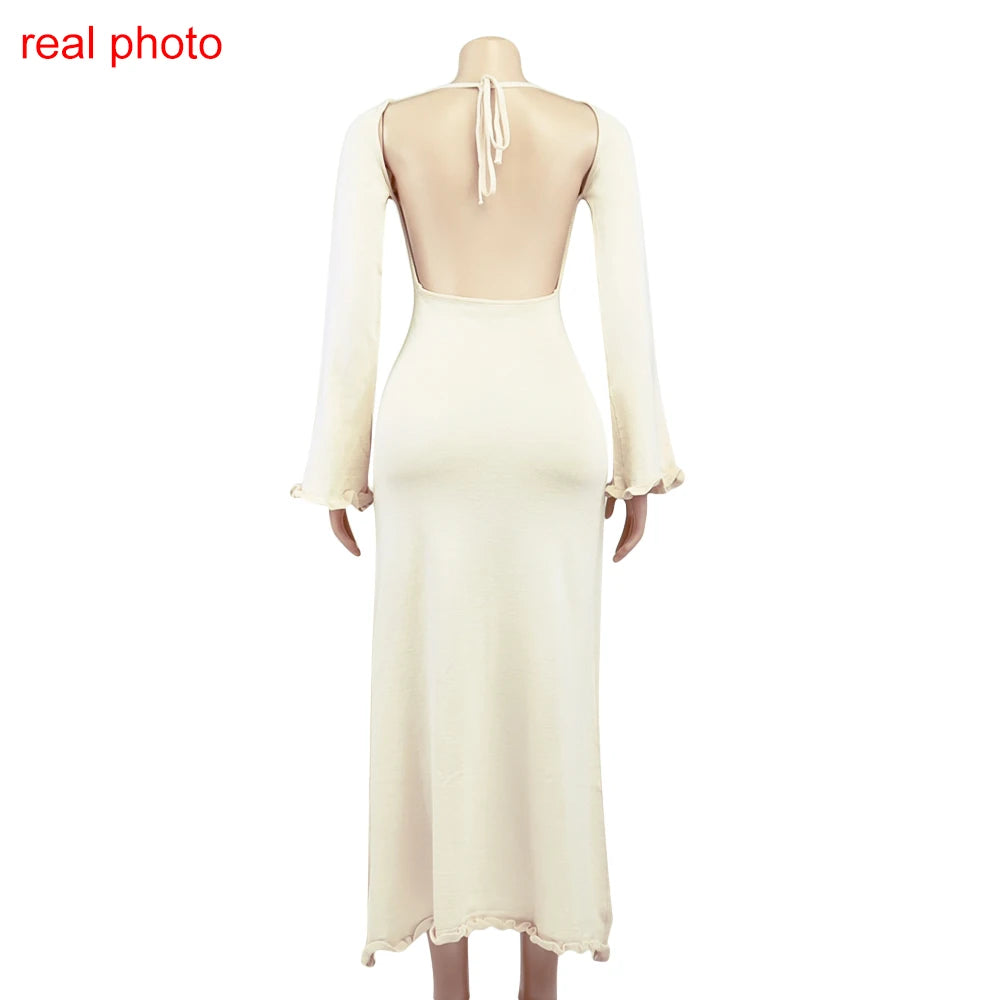 Cryptographic Elegant Knitted Sweater Maxi Dress Outfits for Women Flare Sleeve Sexy Backless Dresses Edible Tree Fungus Clothes