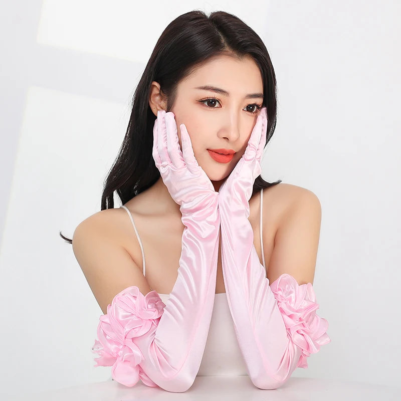 55CM Opera Stage Pink Satin Elastic Wedding Dress Etiquette Gloves Retro Banquet Dance Performance Flower Lace Women Long Gloves