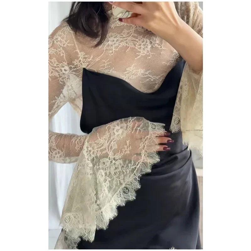 Women Lace Patchwork Sexy Mini Dress Elegant Full Flared Sleeve Waist Cinching See Through Short Dresses Lady Club Party Gowns