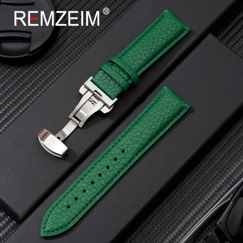Litchi Grain Strap 18/20/22mm Watch Accessories Genuine Soft Leather Wristwatch Band With Butterfly Buckle