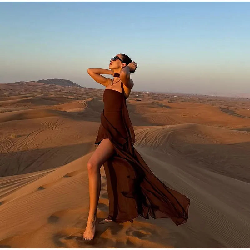 Elegant Mesh Patchwork Solid Vestidos Women Sleeveless Backless Off Shoulder High Slit Slim Scarf Dress 2025 New Lady Party Wear
