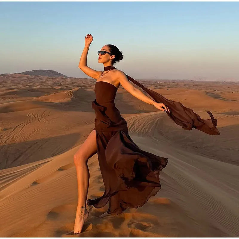 Elegant Mesh Patchwork Solid Vestidos Women Sleeveless Backless Off Shoulder High Slit Slim Scarf Dress 2025 New Lady Party Wear