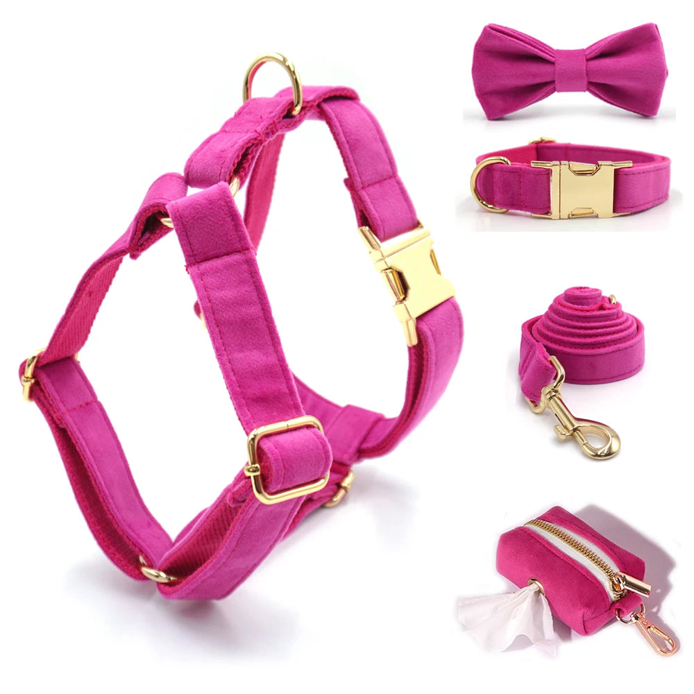 Fuchsia Velvet Personalized Dog Collar for Small Dogs Light Weight Cute Dog Harness with Bow Flower Custom Puppy Traction Set