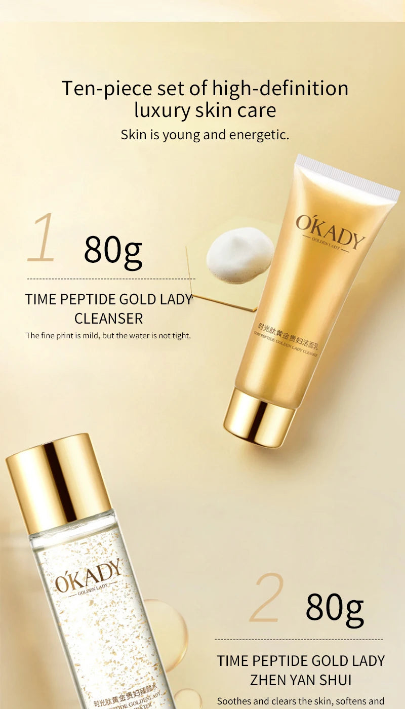 Oupe Time Peptide Gold Noblewoman Ten-Piece Set Hydrating and Moisturizing Skincare Kit Nourishing and Repairing Cosmetics Brightens Skin Tone Nourishes Skin Unisex Suitable for Sensitive Skin Deep Hydration Gift Box Essentia