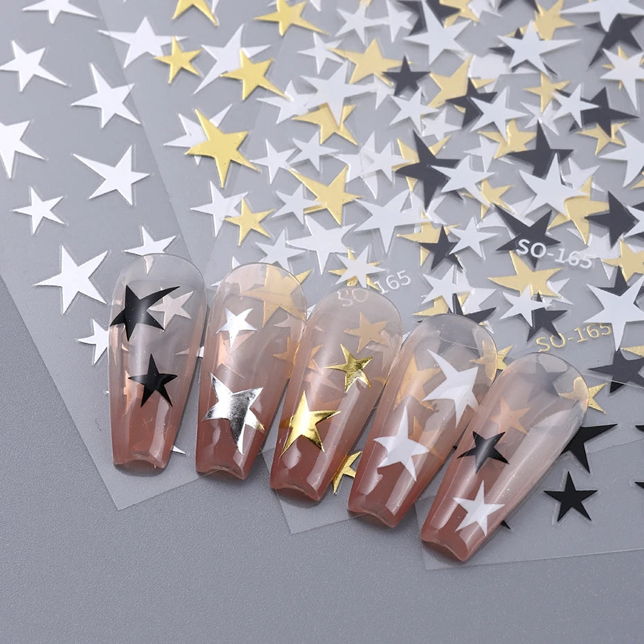 4PCS Y2K Satr Nail Art Stickers White Black Gold Irregular Pentagram Nail Design Slider Decals Manicure Nail Supplies Decoration
