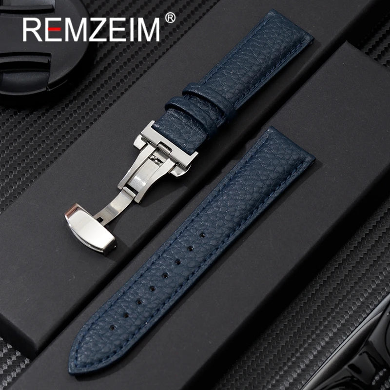 Litchi Grain Strap 18/20/22mm Watch Accessories Genuine Soft Leather Wristwatch Band With Butterfly Buckle