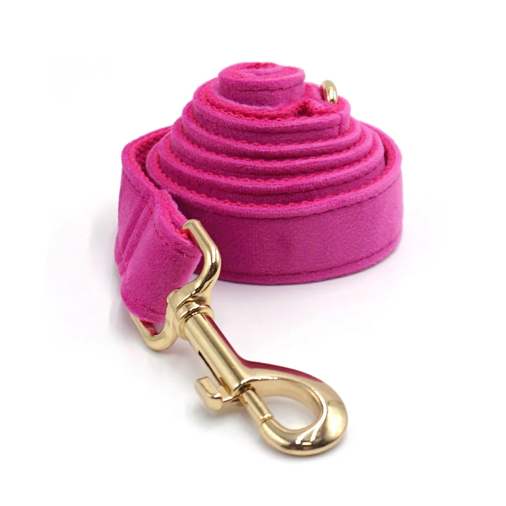 Fuchsia Velvet Personalized Dog Collar for Small Dogs Light Weight Cute Dog Harness with Bow Flower Custom Puppy Traction Set