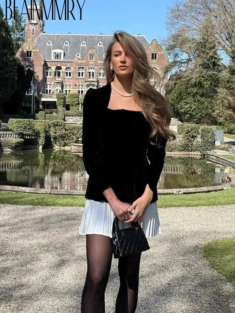 Women Velvet High Waist Spliced Mini Dresses 2025 Elegant Square Neck Long Sleeve Gowns Autumn Winter Chic Lady New Party Dress