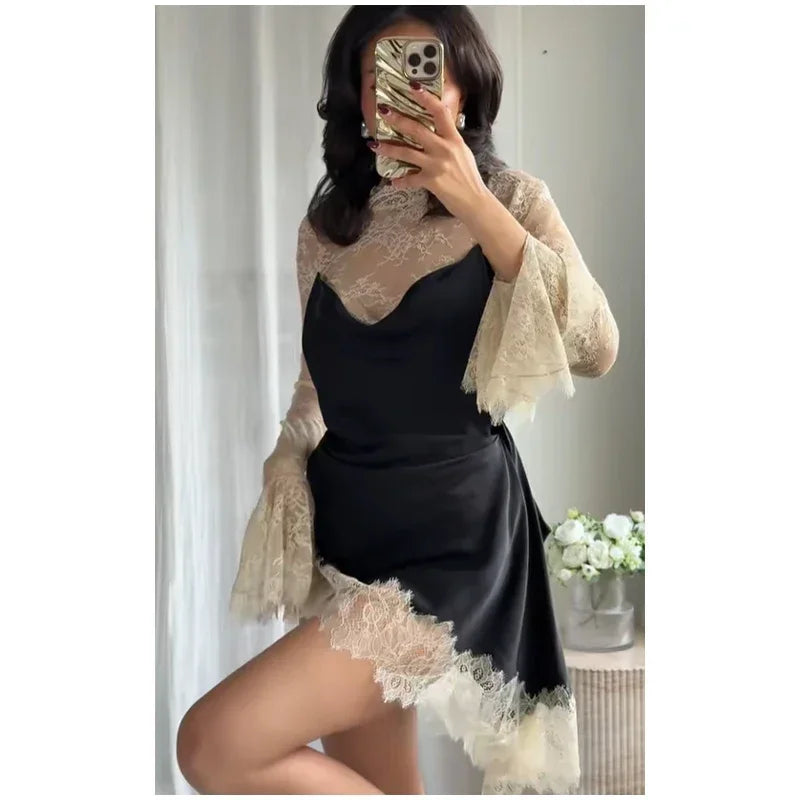 Women Lace Patchwork Sexy Mini Dress Elegant Full Flared Sleeve Waist Cinching See Through Short Dresses Lady Club Party Gowns