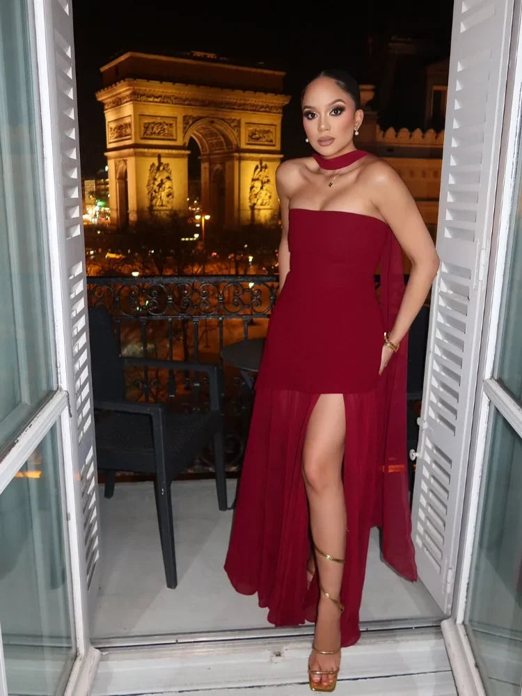 Elegant Mesh Patchwork Solid Vestidos Women Sleeveless Backless Off Shoulder High Slit Slim Scarf Dress 2025 New Lady Party Wear