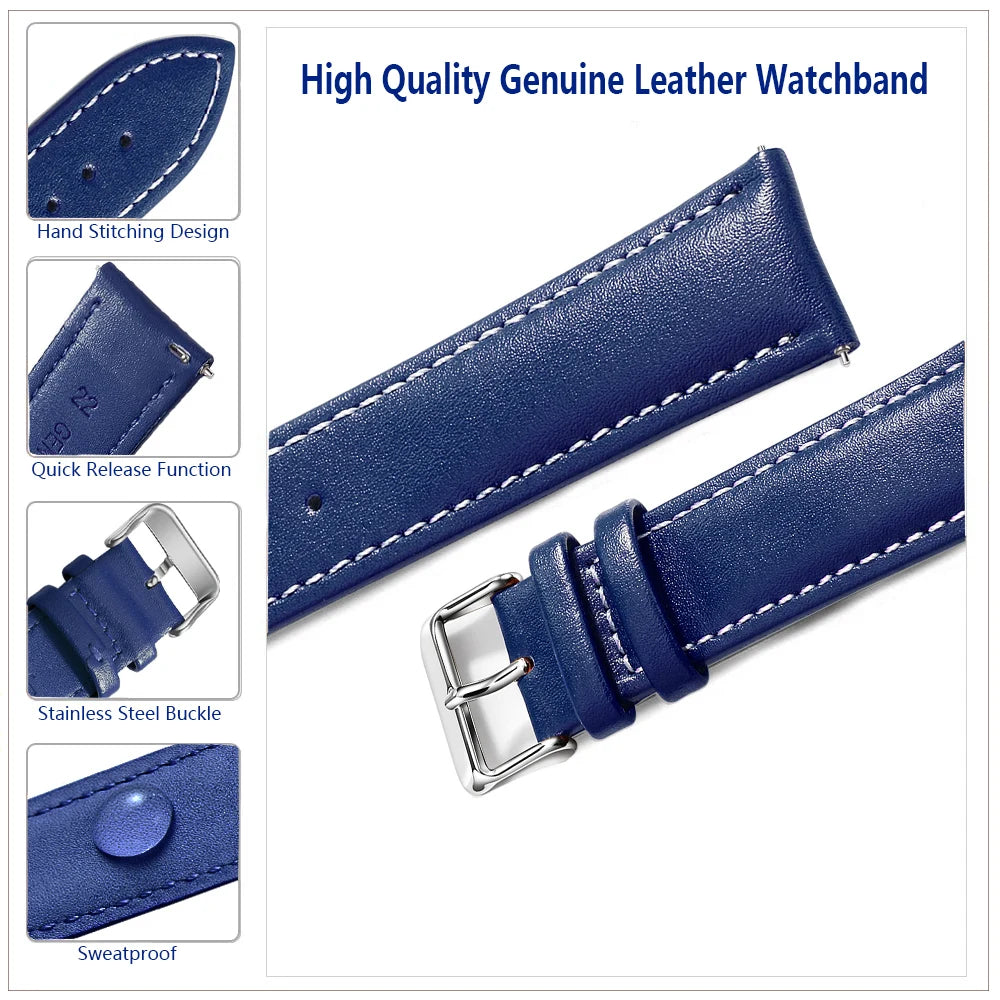 Top Grain Genuine Leather Watch Band, Quick Release 12/14/16/18/19/20/21/22/24 mm Watch Straps, Replacement Bands for Men Women