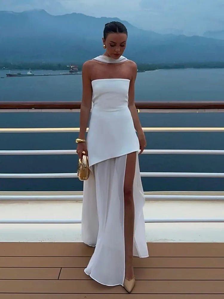 Elegant Mesh Patchwork Solid Vestidos Women Sleeveless Backless Off Shoulder High Slit Slim Scarf Dress 2025 New Lady Party Wear