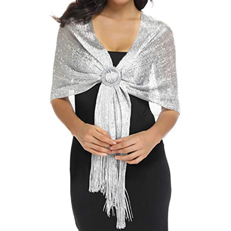 Shiny Round Buckle Tassel Wraps Scarf – European and American Fashion Trend for Evening Party, Dance, Wedding, and Beach Getaway