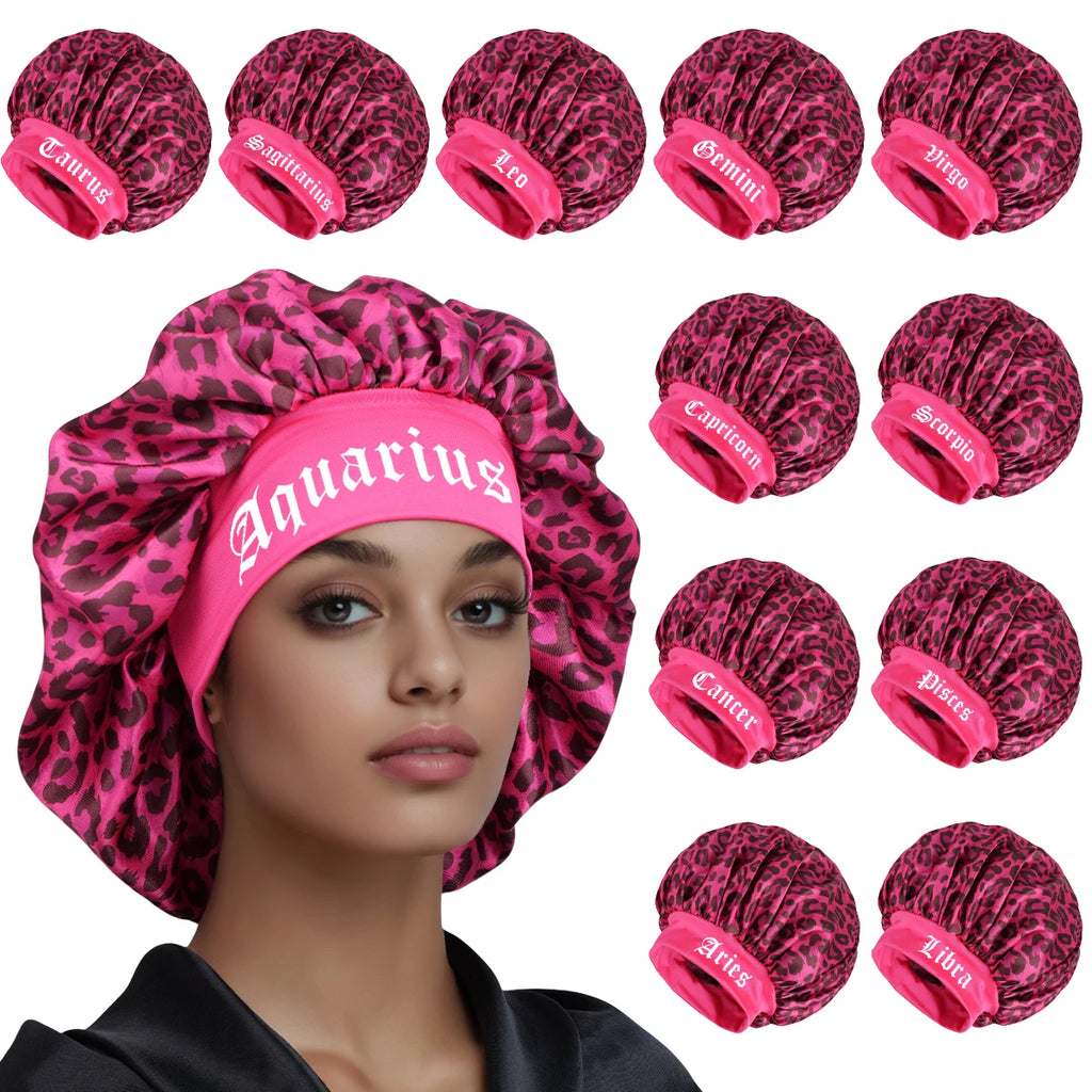 Constellation Leopard Satin Sleep Bonnet - Adjustable Hair & Skin Protection | Women's Night Skincare & Hair Care Bonnet