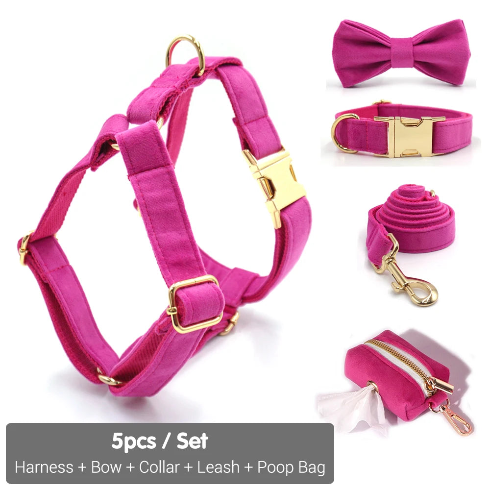 Fuchsia Velvet Personalized Dog Collar for Small Dogs Light Weight Cute Dog Harness with Bow Flower Custom Puppy Traction Set