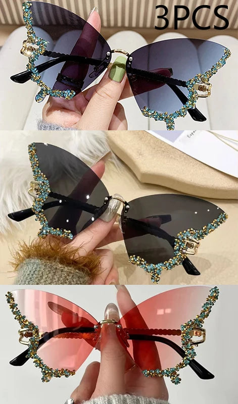 Luxury Diamond Butterfly Sunglasses Women Brand Y2K Vintage Rimless Oversized Sun Glasses Ladies Eyewear