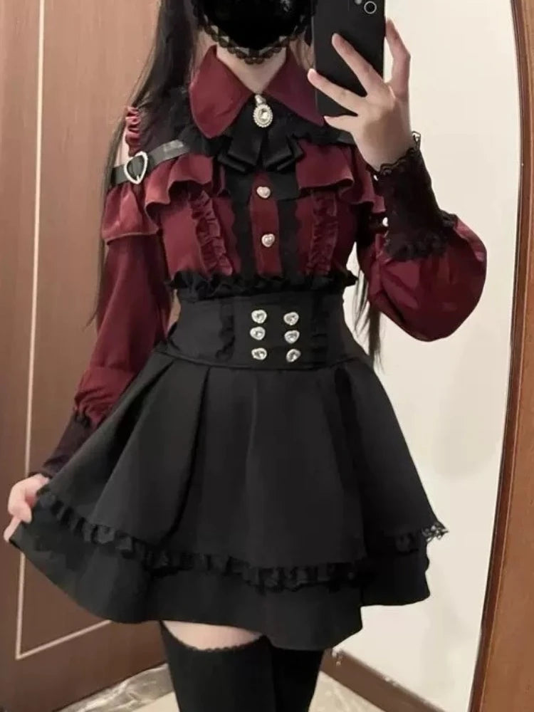 Sweet Lolita Vintage Suits Women Ruffles Cardigan + Sexy Y2k Corset Vest + Mini Skirts Autumn Korean Elegant 3 Piece Dress Sets