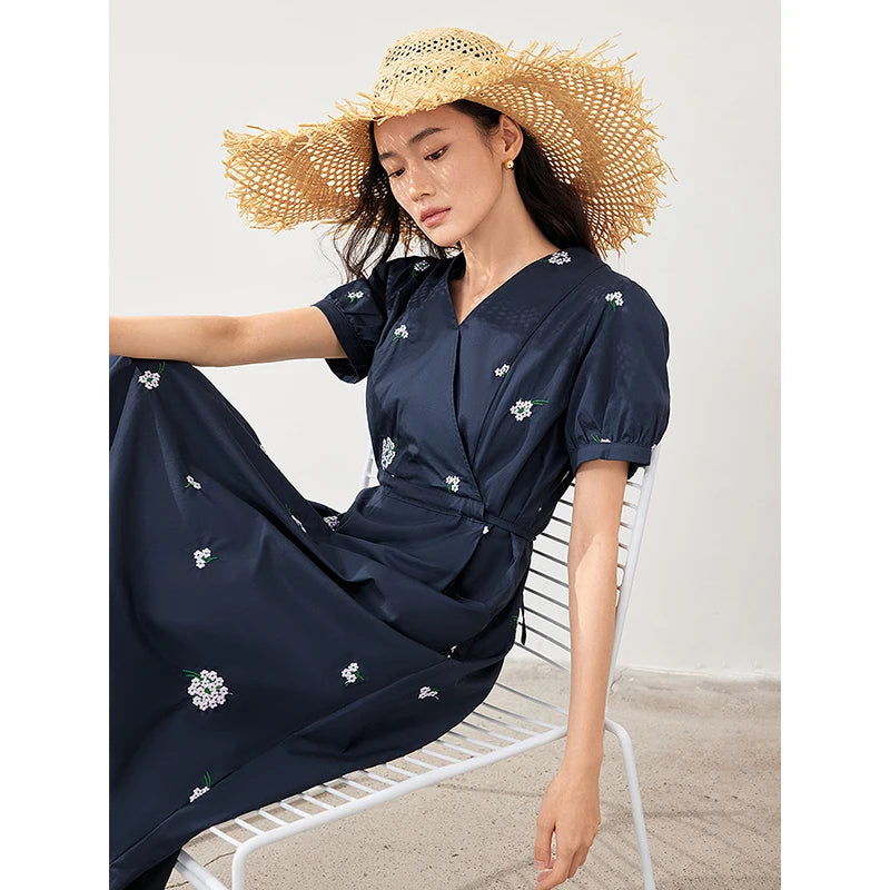 TOYOUTH Women Embroidered Dress 2024 Summer New V-Neck Slimming Pure Cotton Skirt