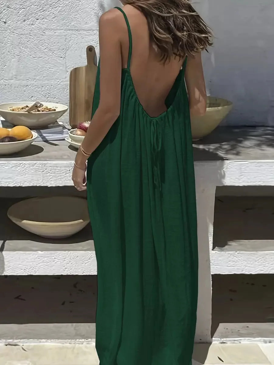 Casual Solid Loose Dress For Women Sexy Sleeveless Spaghetti Strap Backless Lace-up Robe Femme Holiday Beach Party Clothes New