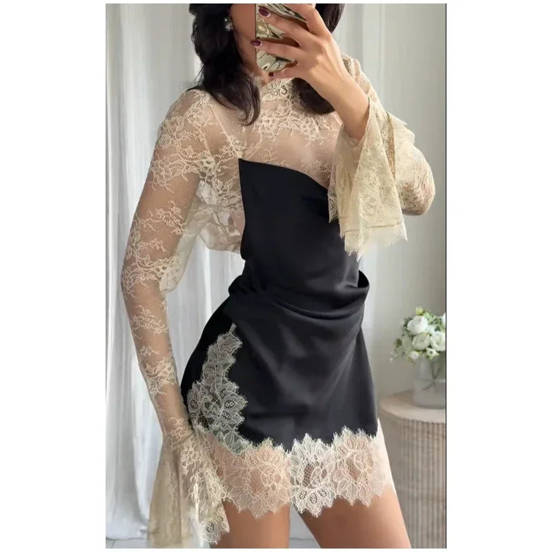 Women Lace Patchwork Sexy Mini Dress Elegant Full Flared Sleeve Waist Cinching See Through Short Dresses Lady Club Party Gowns