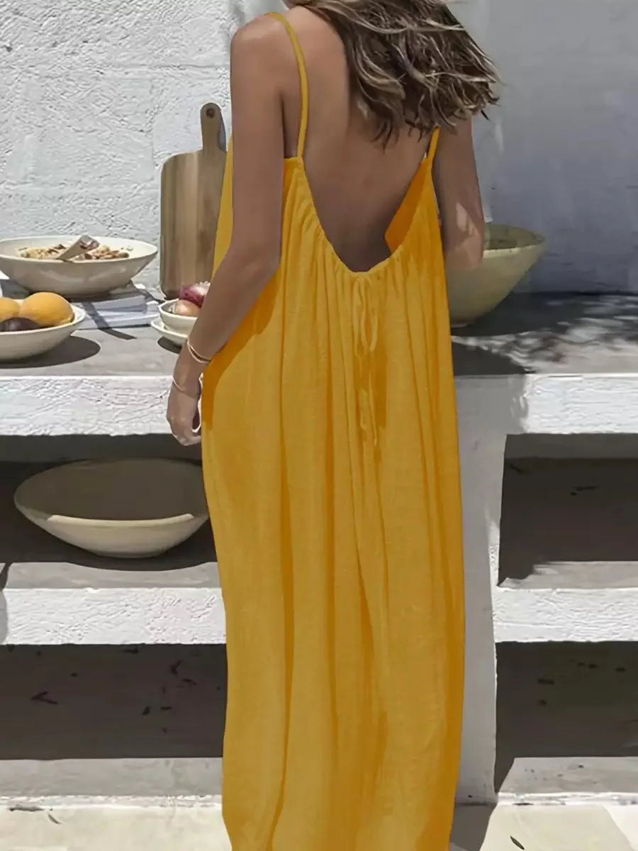 Casual Solid Loose Dress For Women Sexy Sleeveless Spaghetti Strap Backless Lace-up Robe Femme Holiday Beach Party Clothes New